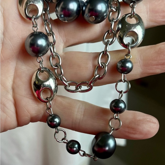 Necklace silver/gray beads black ribbon asymmetrical  jewelry - Picture 6 of 15